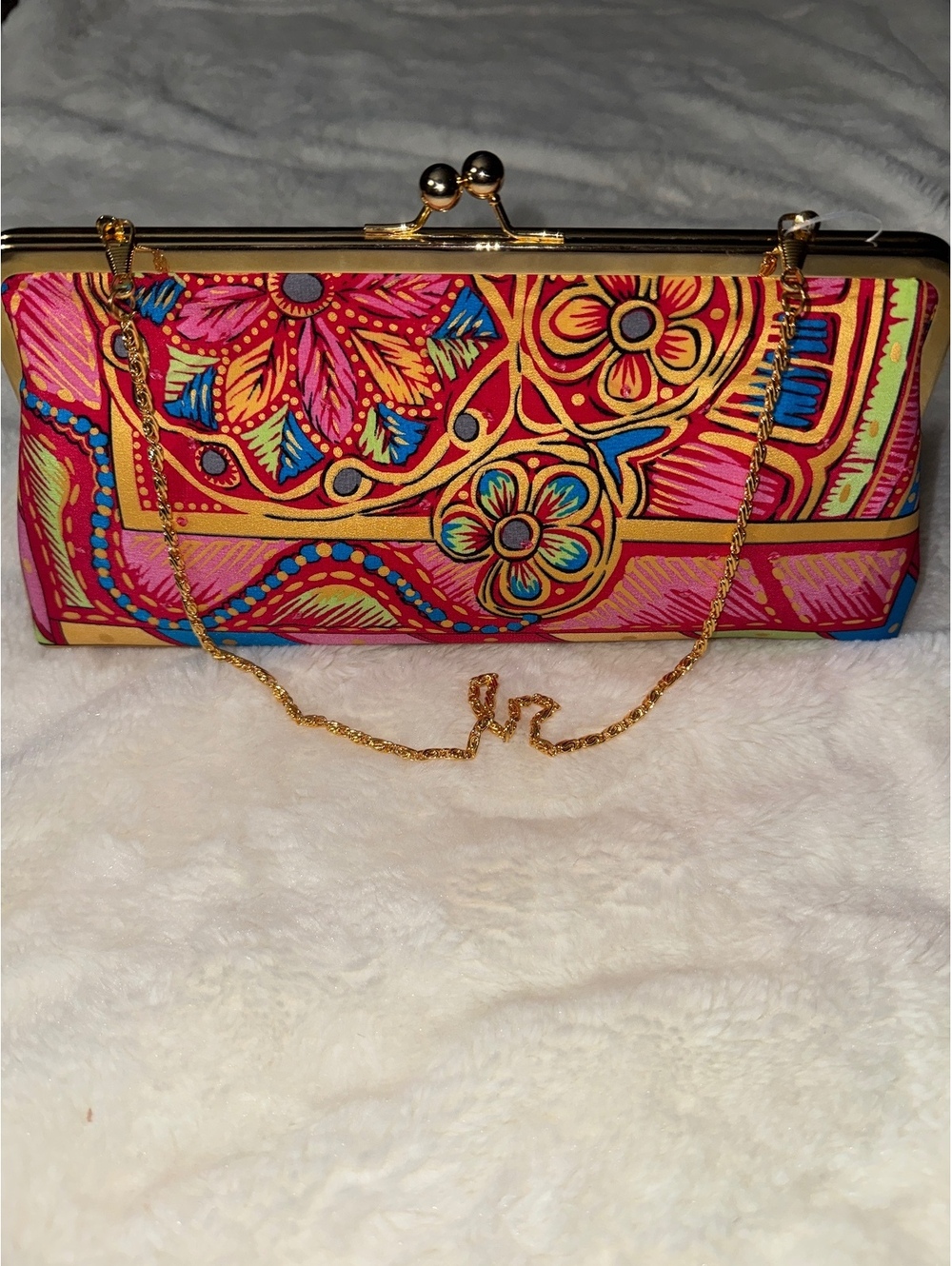 Diane Gilman Colorful Floral Satin Clutch Purse with Gold Chain